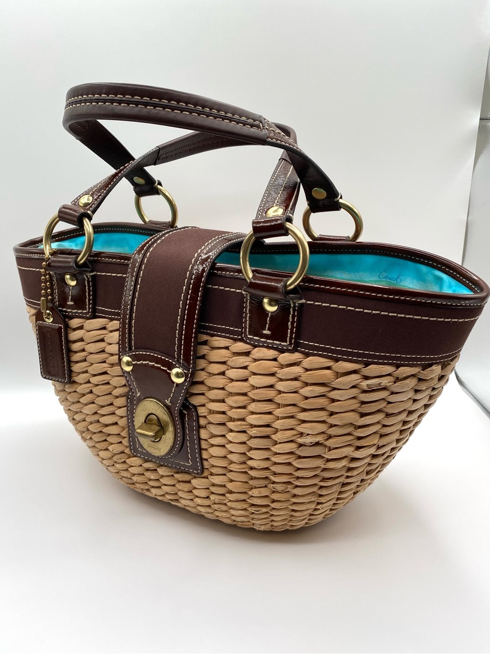 Coach Tan Woven Straw Tote with Dark Brown Leather Trim - Picture 16 of 16